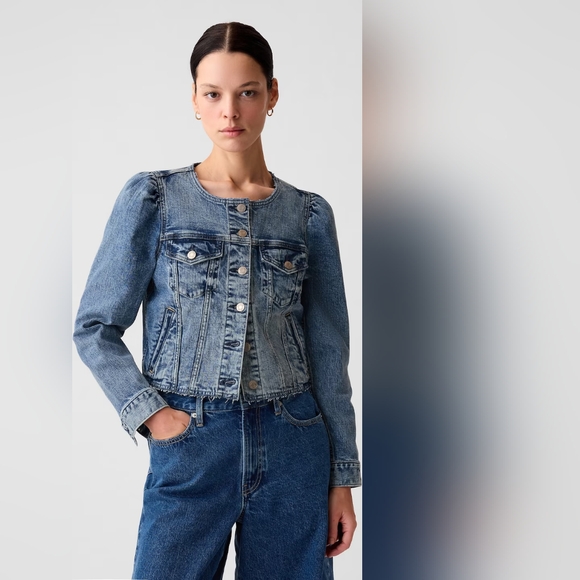 💎 Brand New Jewel Embellished Cropped Collarless Denim Jean Jacket Size S - Picture 11 of 12